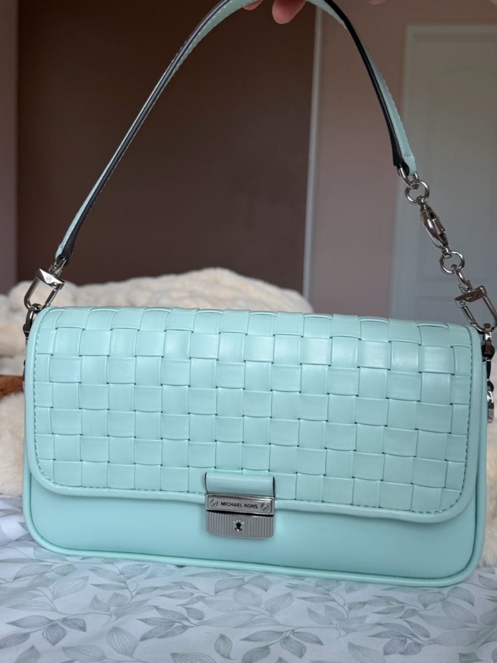 Michael Kors Mint Woven Leather Shoulder Bag with Silver Hardware